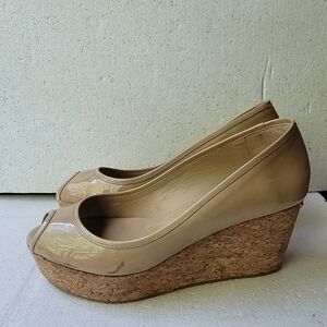 Jimmy Choo Nude Patent Parley Cork Wedge Pumps Size 38.5